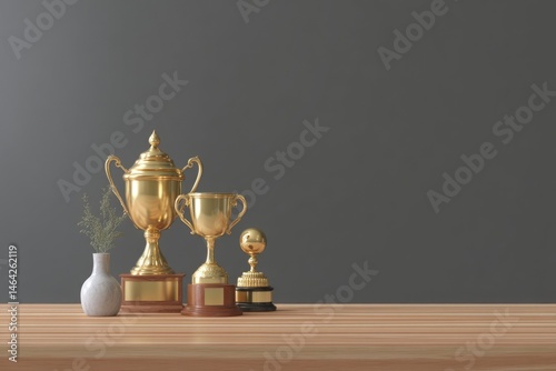 Awards Ceremony Table Set in Dark Studio Showcasing Various Gold Trophies and a Decorative Vase