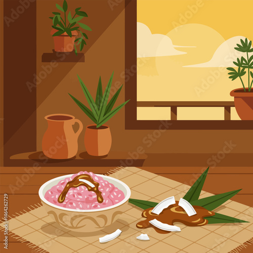 Rice Dish with Sweet Sauce in a Cozy Indoor Setting