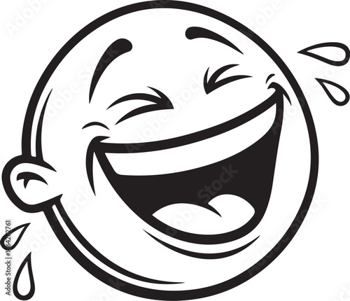 Laughing, LOL, Laugh with Tears, Face Emotion, Reaction, Emoji, Black and White Vector Illustration, Sketch Drawing Line Linear Symbol Icon Engraving, Hand-drawn Isolated