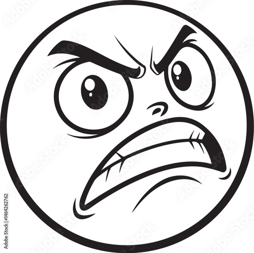 Angry, Aggressive, Face Emotion, Reaction, Emoji, Black and White Vector Illustration, Sketch Drawing Line Linear Symbol Icon Engraving, Hand-drawn Isolated