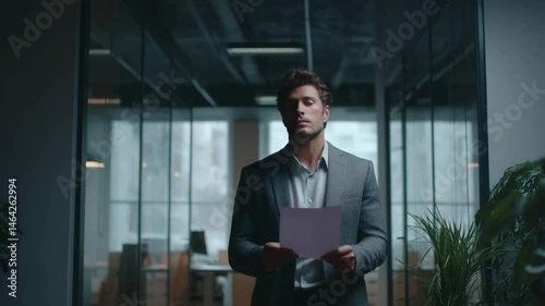 Man in suit holding paper looks worried in office hallway, reflecting emotional impact of layoff in professional business environment