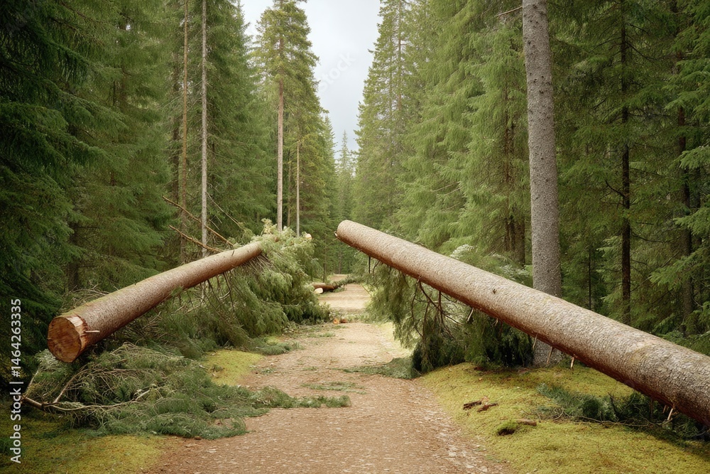 Forest Path Obstructed by Large Fallen Trees After a Storm Creating a Natural Barrier in the Wilderness