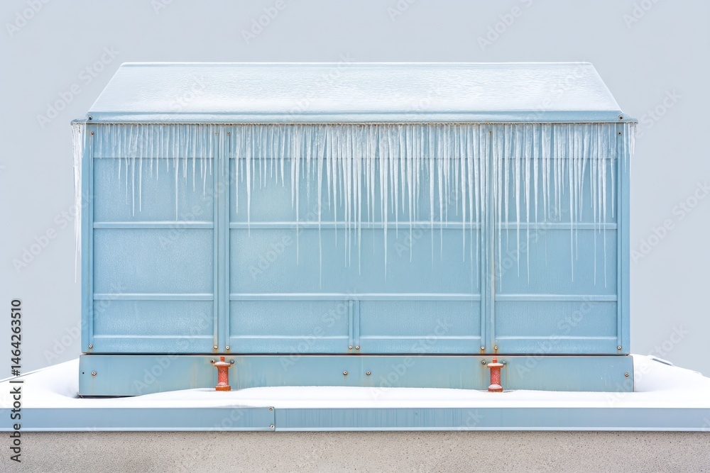 Frozen Air Conditioning Unit Covered in Ice and Snow Highlights Winter Weather Effects in a Residential Area