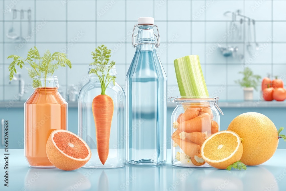 Futuristic Kitchen Counter Featuring Vibrant Samples of Fresh Produce and Juices for Culinary Exploration