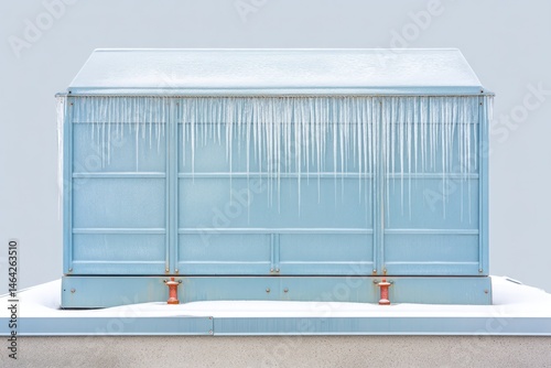 Obraz na płótnie Frozen Air Conditioning Unit Covered in Ice and Snow Highlights Winter Weather Effects in a Residential Area w salonie