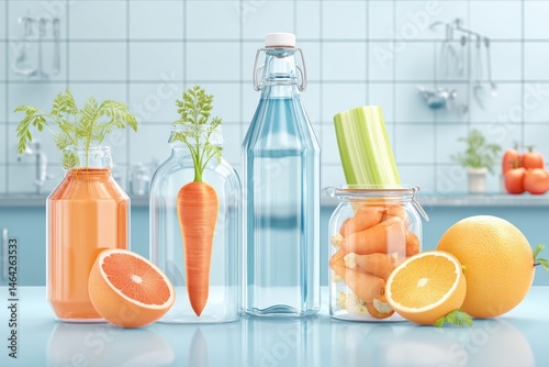Obraz na płótnie Futuristic Kitchen Counter Featuring Vibrant Samples of Fresh Produce and Juices for Culinary Exploration w salonie