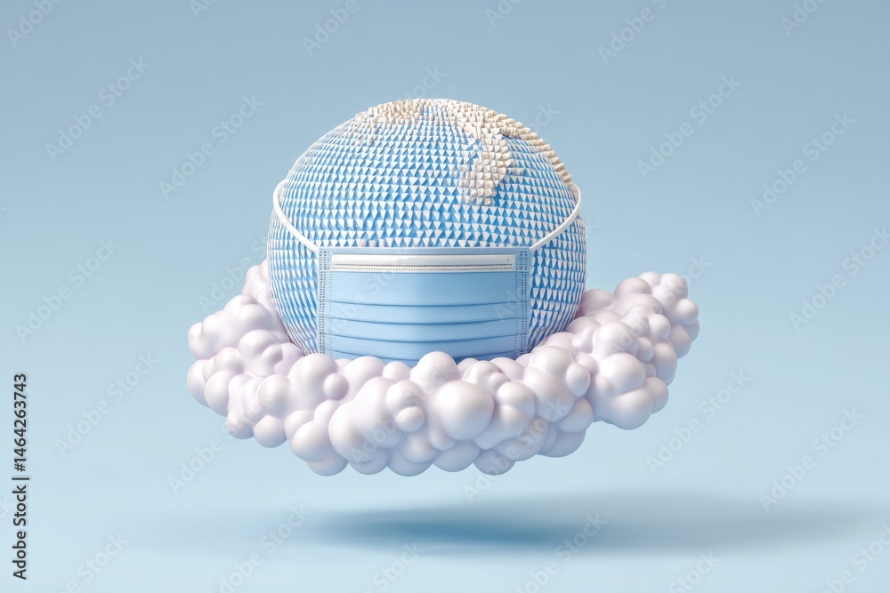 Globe With Emergency Mask Floating Above Clouds Symbolizes Global Health Awareness in Pandemic Times