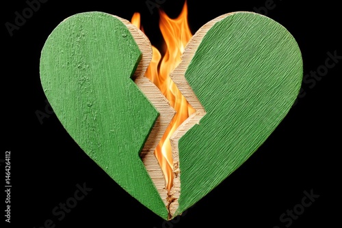 Obraz na płótnie Cracked Green Heart Icon Surrounded by Flames Symbolizes Emotional Turmoil and Heartbreak in Bold Artistic Expression w salonie