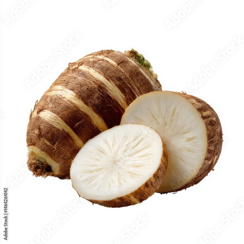 Taro root and slices isolated on white background