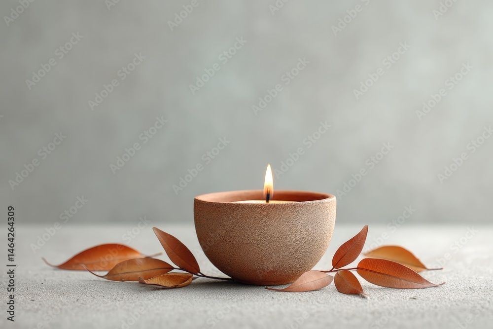 Handmade Clay Lamp for Vesak Celebration With Natural Decorations on a Neutral Background