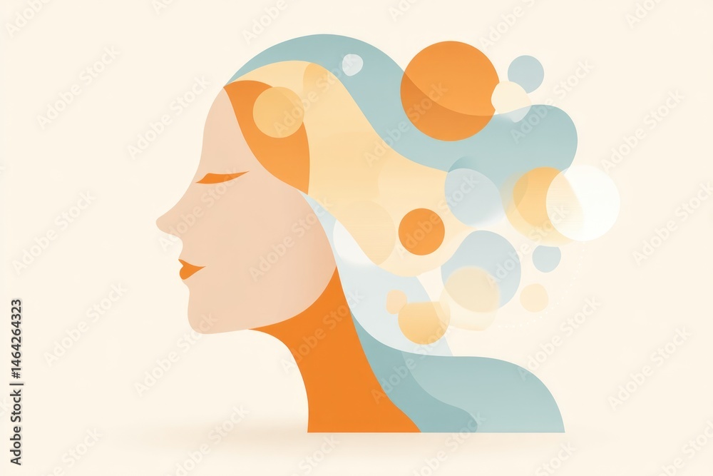 Creative Head Silhouette With Ethereal Floating Bubbles in Soft Colors Representing Thoughts and Imagination