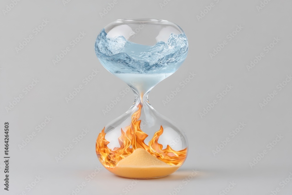 Hourglass Showing Contrasting Elements of Fire and Water, Symbolizing the Passage of Time and Nature's Duality