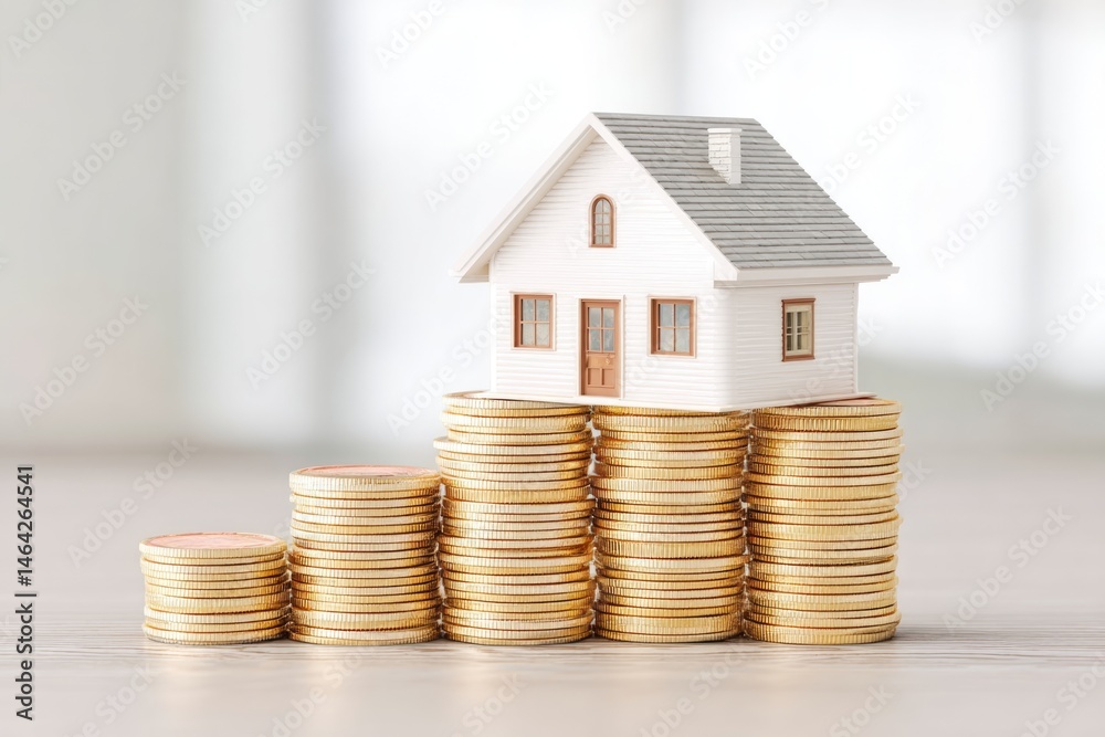 House Icon Resting on a High Pile of Coins Representing Investment in Property and Real Estate Growth
