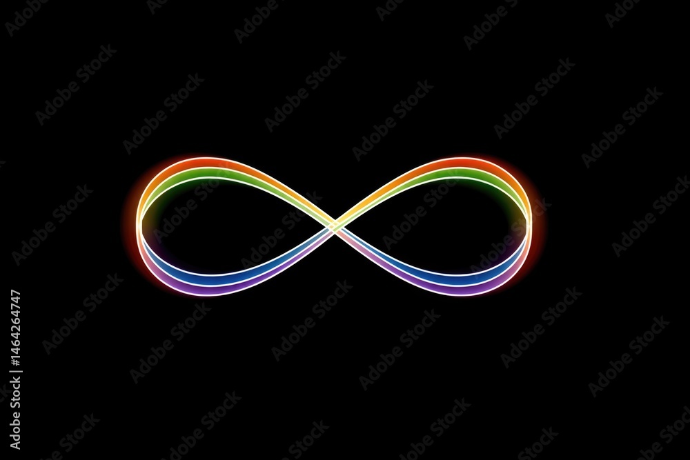 Intertwined Rainbow-Colored Lines Create an Infinity Symbol on a Black Background Highlighting Continuity and Unity in Design