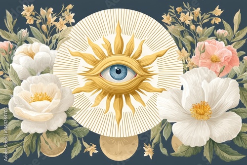 Third Eye Illustrated Within a Sunburst Surrounded by Blooming Flowers and Delicate Foliage