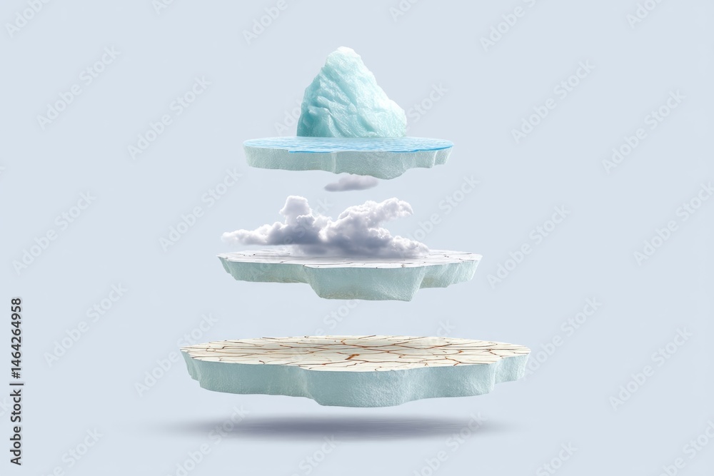 Layered Transparent Icons Depict Melting Iceberg With Fractured Ice and Clouds Illustrating Climate Change Impact