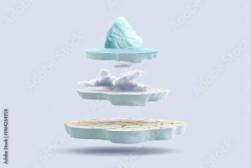 Layered Transparent Icons Depict Melting Iceberg With Fractured Ice and Clouds Illustrating Climate Change Impact