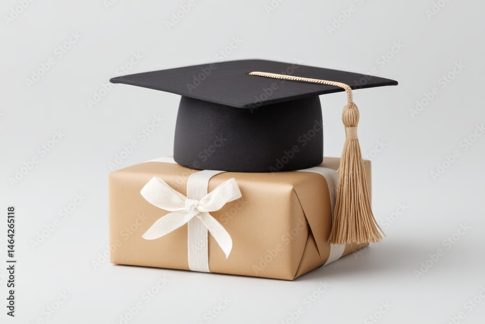 Graduation Celebration With a Matte Black Mortarboard on Top of a Beautifully Wrapped Gift
