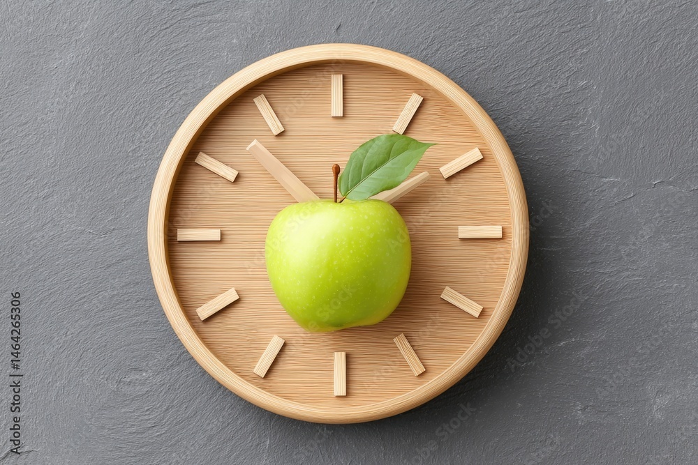 Minimalist Clock Design Featuring a Green Apple at the Twelve O'clock Position on a Simple Wooden Background