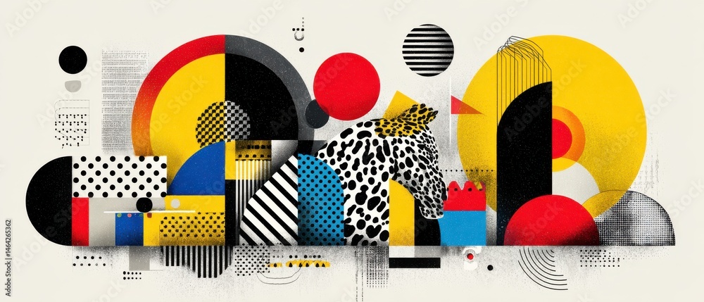 Obraz premium Abstract geometric art with horse head, vibrant colors and bold patterns in a modern collage design Concept of creativity, imagination, and contemporary art