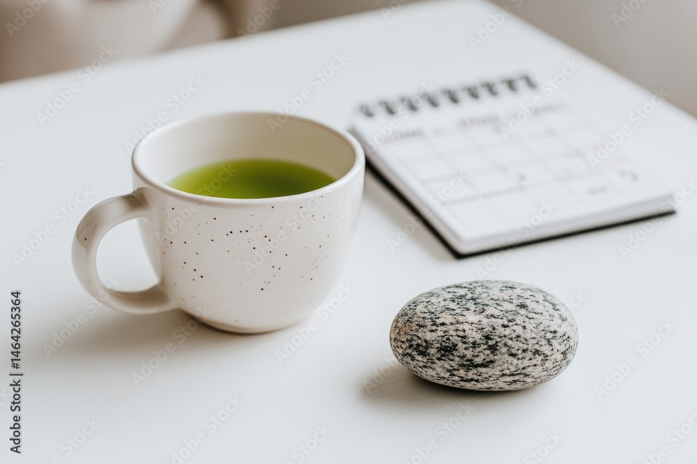 Minimalist Table Setup Featuring a Closed Planner and a Cup of Green Tea Highlights a Calm Workspace for Reflection and Planning