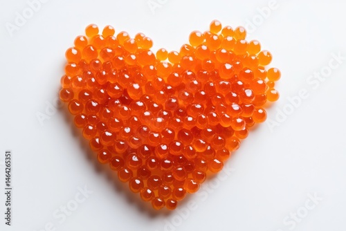 Red Caviar Pearls Arranged in a Heart Shape on a Minimalist White Background