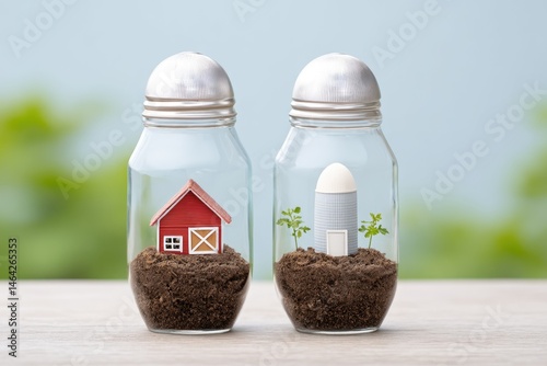 Obraz na płótnie Minimialist Farm Icon Representation Transformed Into Biotech Innovation Using Salt Shakers as Containers for Soil and Plants w salonie