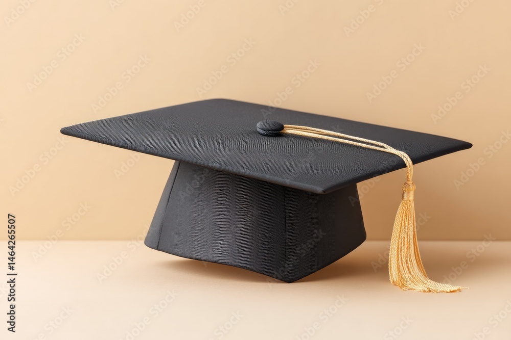 Monochrome Graduation Cap With a Gold Tassel Placed Against a Beige Background for Graduation Celebration