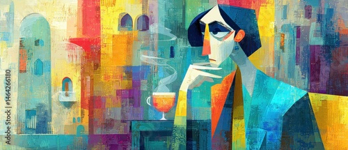 Contemplative woman with short hair in colorful abstract painting style, enjoying a hot drink in the morning, evoking a mood of reflection and artistic expression