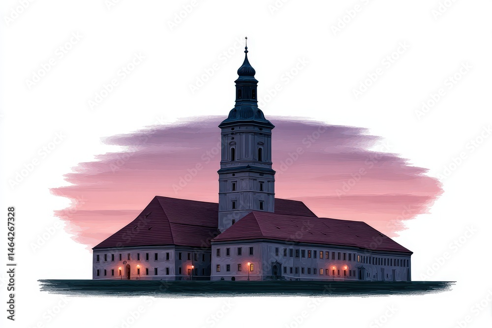 Naklejka premium Captivating architectural silhouette of a historic building against a vibrant sunset backdrop showcasing detailed spires and warm lights highlighting the essence of historical elegance