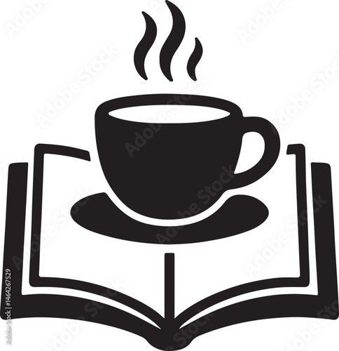 Coffee cup on a saucer above an open book symbolizing relaxation and learning