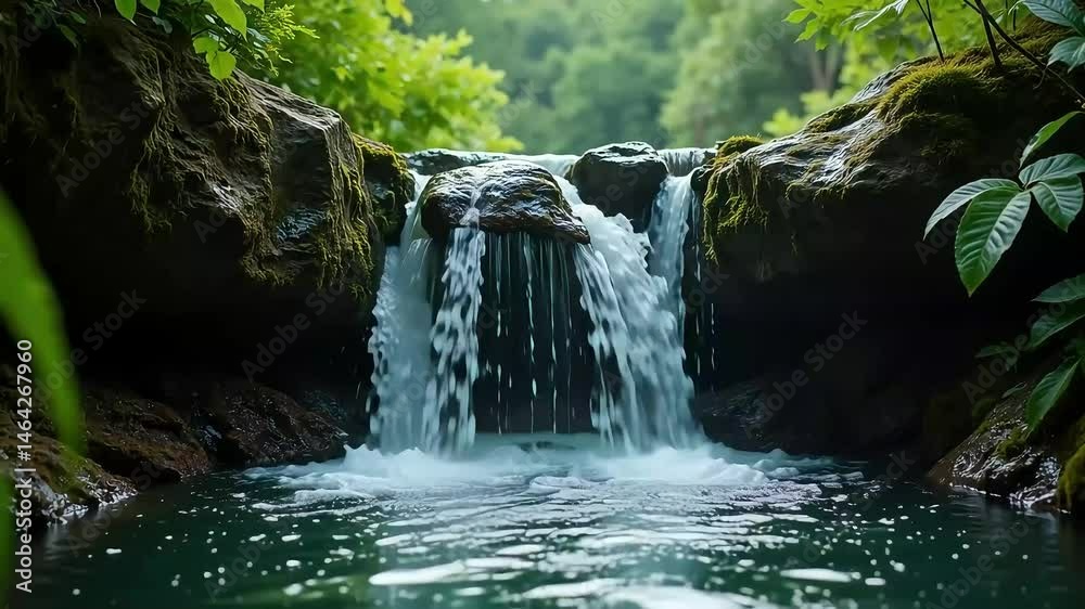 Small waterfall cascading over mossy rocks surrounded by lush green foliage in a serene forest scene