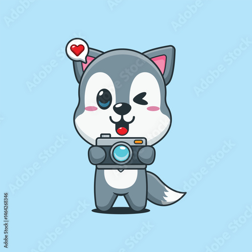 Cute wolf cartoon vector illustration with camera