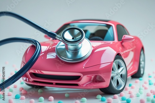 Car insurance concept with a pink car undergoing a checkup using a stethoscope. Ideal for insurancerelated designs and promotions.