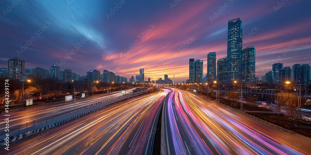 Fototapeta premium Captivating Cityscape with Colorful Light Trails Above Urban Skyline at Sunset with Dramatic Sky and Clouds in Twilight Atmosphere