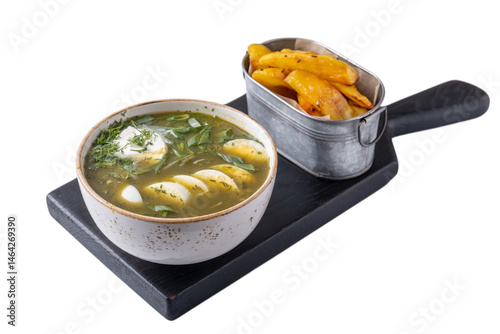 Sorrel cold soup with baked potato on white background
