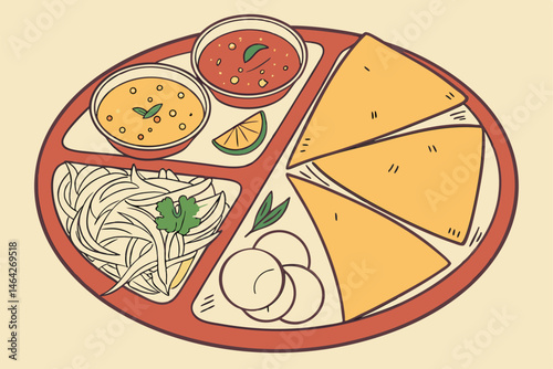 37 Indian thali, colorful platter, vegetarian feast, crispy dosa, golden samosas, fragrant biryani rice, spicy vegetable curry, chutney dipping sauce, garnished with fresh coriander, vibrant food phot