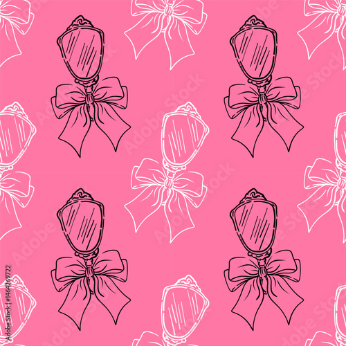 Pattern coquette mirror with bow. Hairdresser, stylist and beauty salon tools. Girly Vibe. For textiles, packaging, wallpapers or covers.