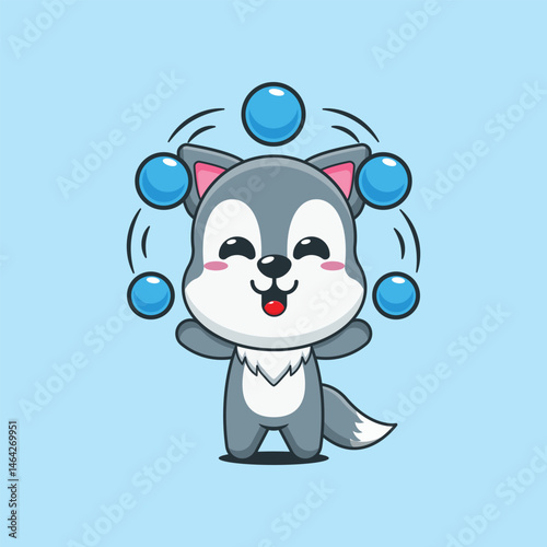 Cute wolf cartoon vector illustration circus attraction with balls