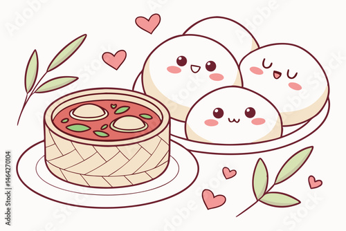 38 Cute kawaii bread rolls with faces, smiling bao buns, bowl of soup, pastel colors, white plate, pink hearts, green leaves, adorable food illustration, chibi style, soft lighting, 3D render, digital