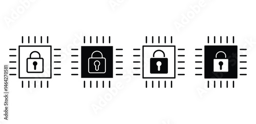 Microchip and Padlock Icons Representing Digital Security Black and White Color Vector Design