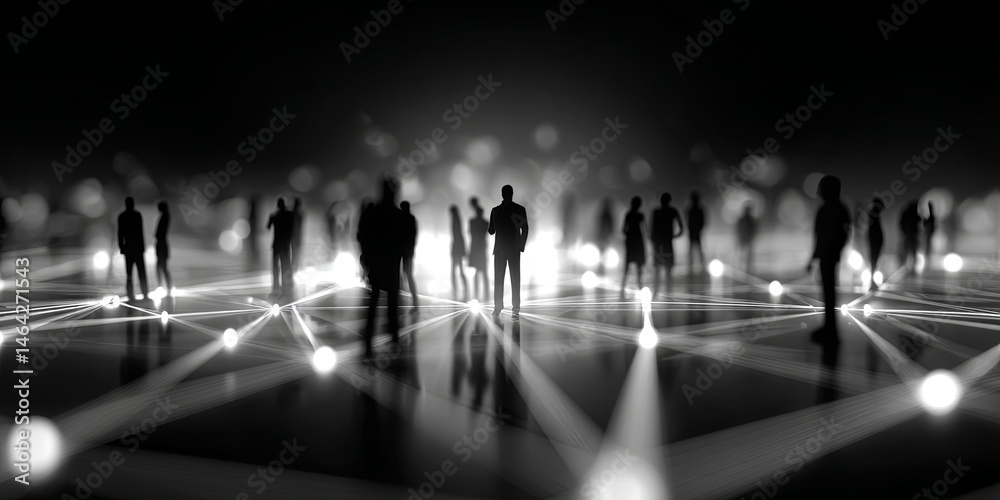 Fototapeta premium Silhouettes of Diverse People Connected by a Web of Light Representing Networking, Community, Collaboration, and Social Interaction in Digital Age