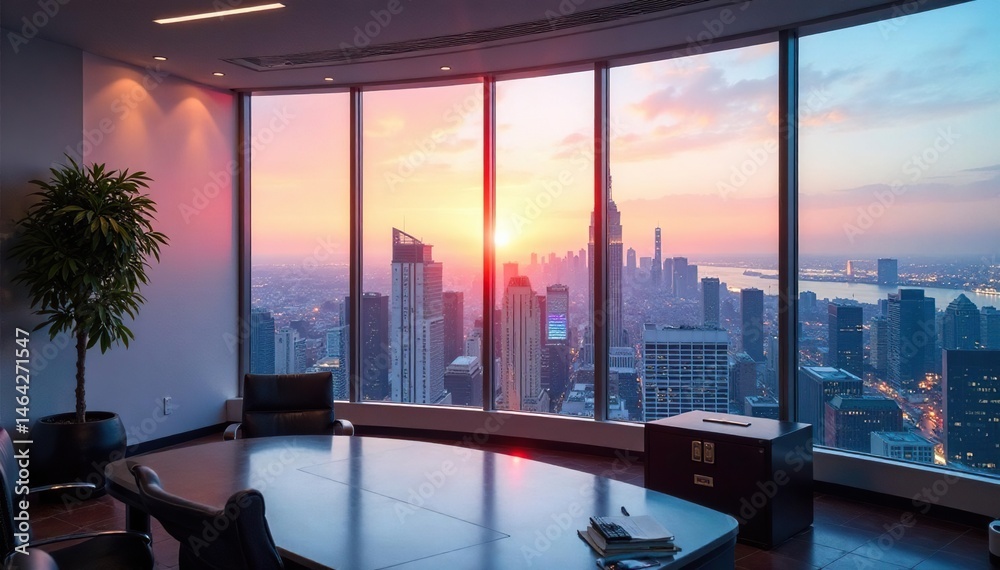 Obraz premium Large windows, panoramic city view from office, design, panoramic