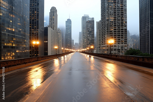 Empty city street engulfed in mist with dim lights creating a mysterious and chaotic atmosphere