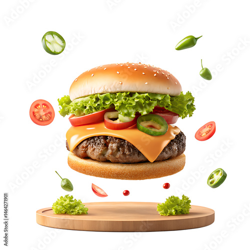 Spicy Jalapeno Cheeseburger with Floating Ingredients