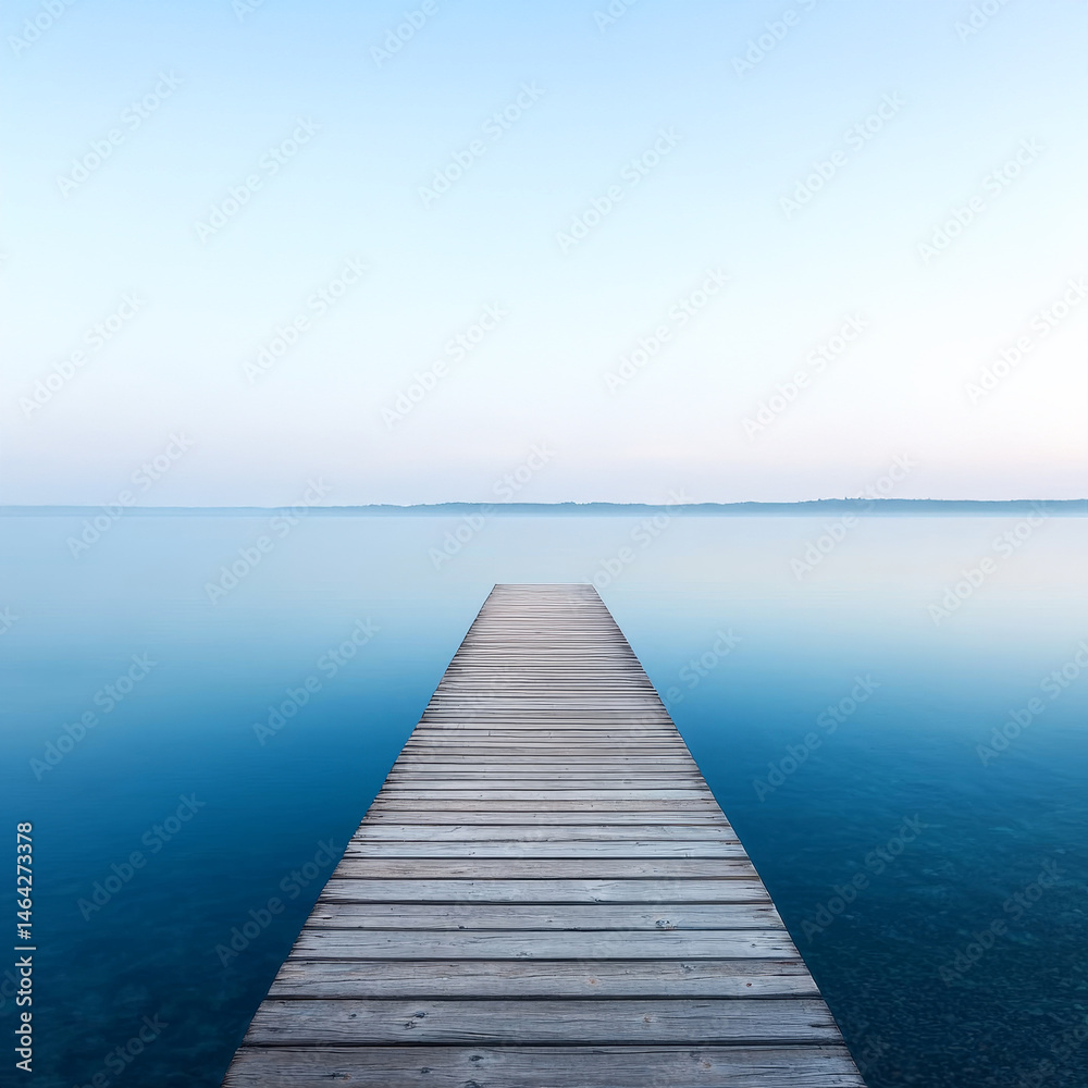 Naklejka premium Serene wooden pier extending into calm blue waters under a clear sky. Reflection and mirroring visual depth concept.