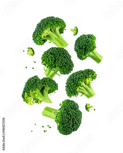 Falling broccoli florets top view isolated on transparent background