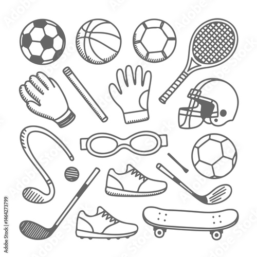 Set of sport themed doodle on white background. Hand drawn abstract doodle isolated on white background.