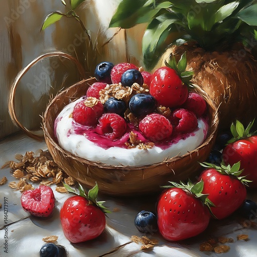 Delicious fruit parfait in a coconut shell bowl.