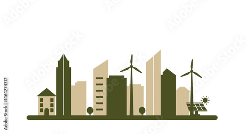 Eco-friendly city skyline featuring wind turbines and solar panels for sustainable urban development concept
